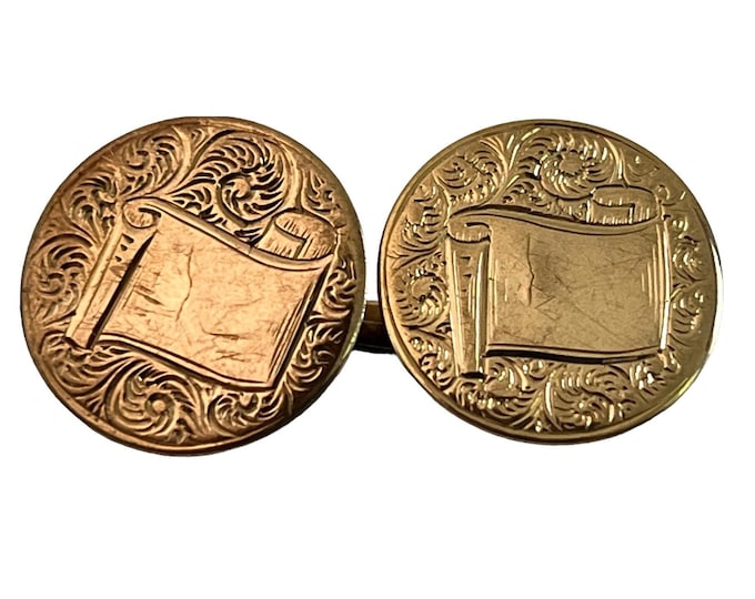 Antique Gold Filled Cufflinks: Etched Scroll Design, Patented Closure
