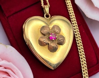 Vintage 10K Gold Heart Locket Necklace: Pink Sapphire Flower, Keepsake Photo Pendant