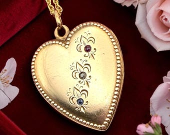 Vintage Gold Filled Heart Locket Necklace: Etched Fleur De Lis, Gemstones, AN Monogram