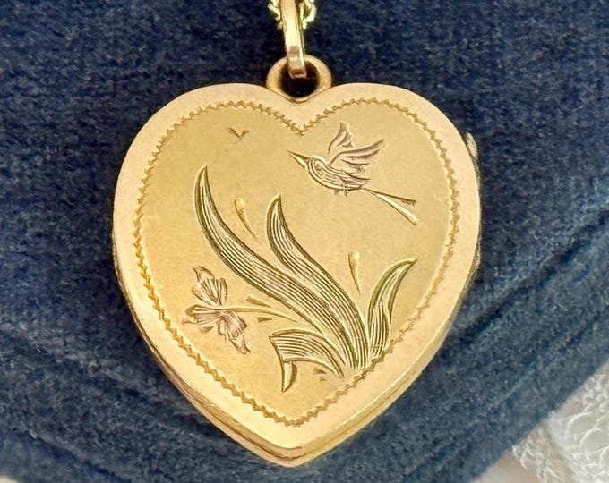 Vintage 12K Gold Filled Heart Locket Necklace: Etched Photo Pendant, 14K GF Chain