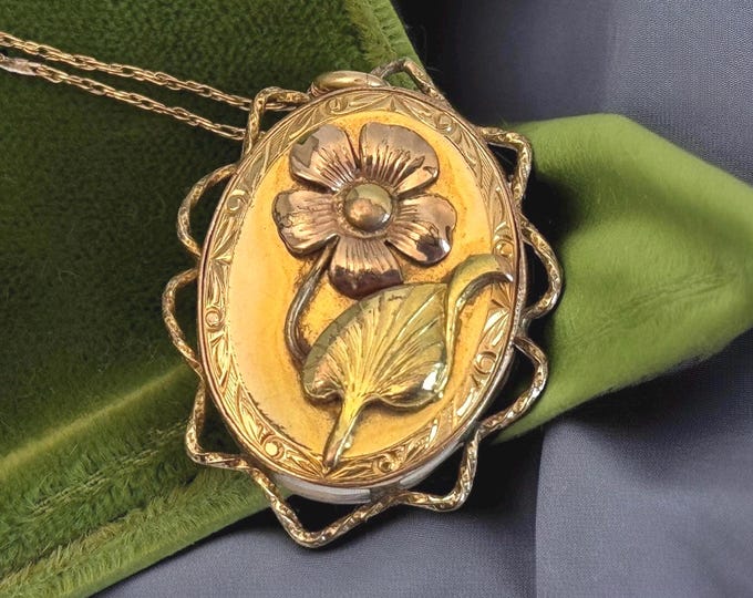 Vintage 12K Gold Filled Locket Necklace - Oval w/ Ornate Openwork Edge & Floral Front on 14K GF Chain - PR ST Co Hallmark - 2 Photo Wells