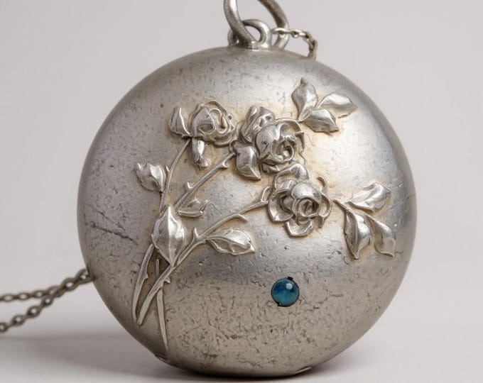 Antique 800 Silver Round Locket w/ Raised Flowers Blue Paste Gem & Initials “GAM” on 925 Chain - ca Early 1900s