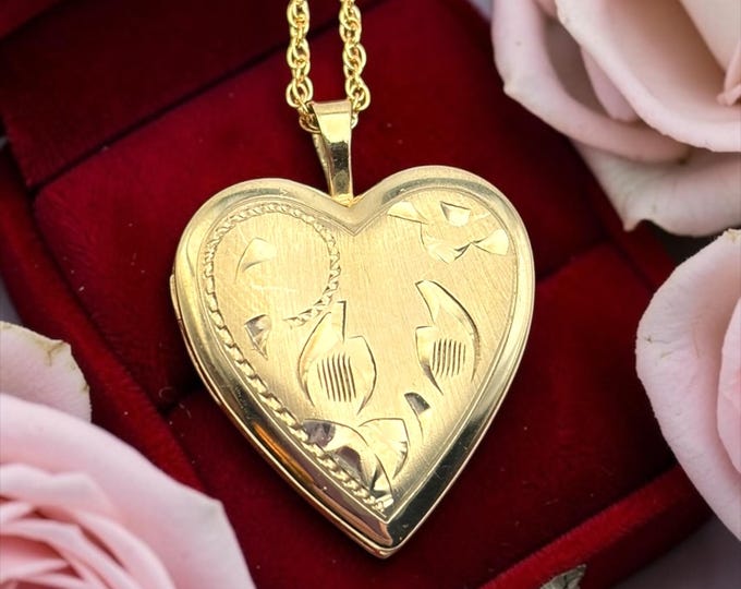 Vintage Etched Heart Locket Necklace – 14K Gold Filled Pendant, Rope Chain