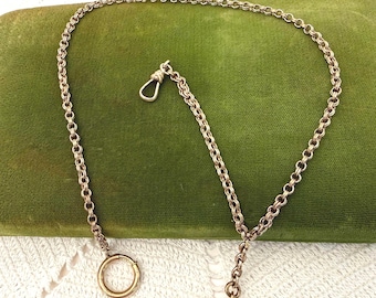 Victorian Watch Chain: Brass Metal, 16” Long, T-bar, Dog Clip, Large Spring Ring Clasp