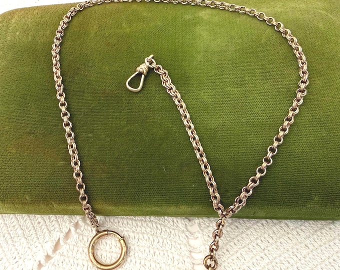 Victorian Watch Chain: Brass Metal, 16” Long, T-bar, Dog Clip, Large Spring Ring Clasp