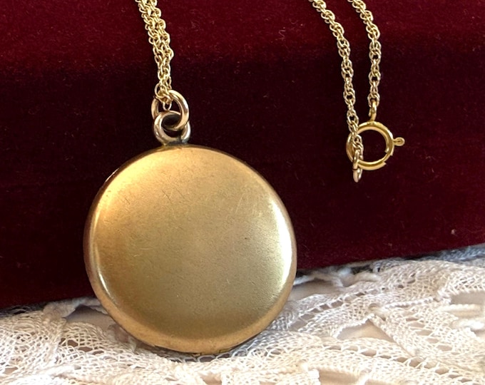 Round Gold Filled Locket - Vintage Plain W&H Co 2 Photo Pendant, 14K GF Chain, Edwardian Necklace