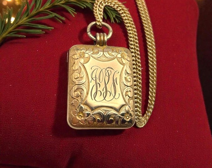 Edwardian Gold Filled Locket Necklace: Engraved Floral Monogram, 14K GF Chain