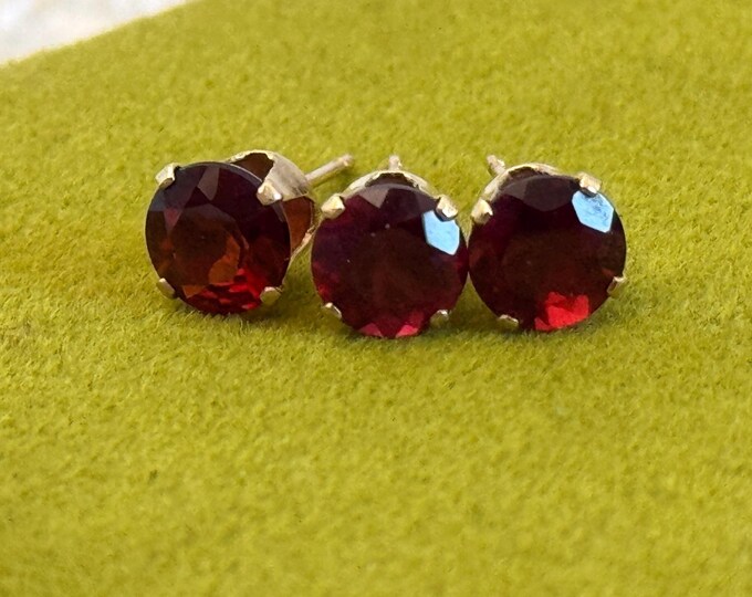3 Vintage 14K Gold & Garnet Post Earrings - Three Piece Set of Round Faceted Red Gem 9mm Studs - Hallmarked Estate Jewelry - Jan. Birthstone