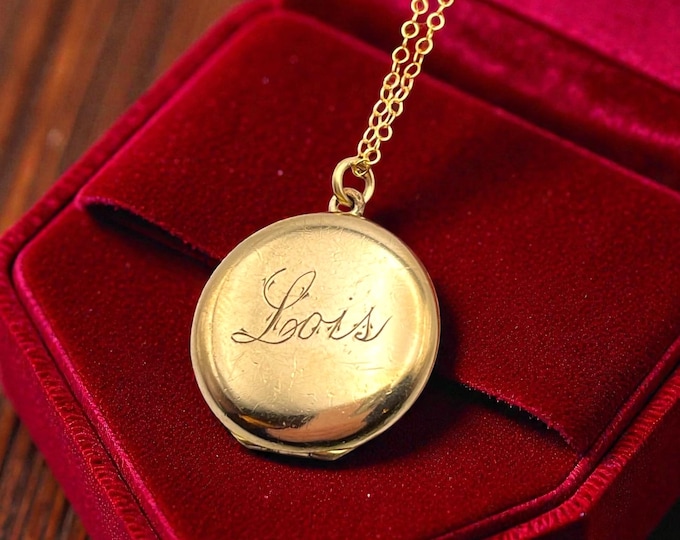 Antique Gold Filled Locket Necklace – Monogram Name Engraved "Lois", 1900s Vintage Round Photo Pendant