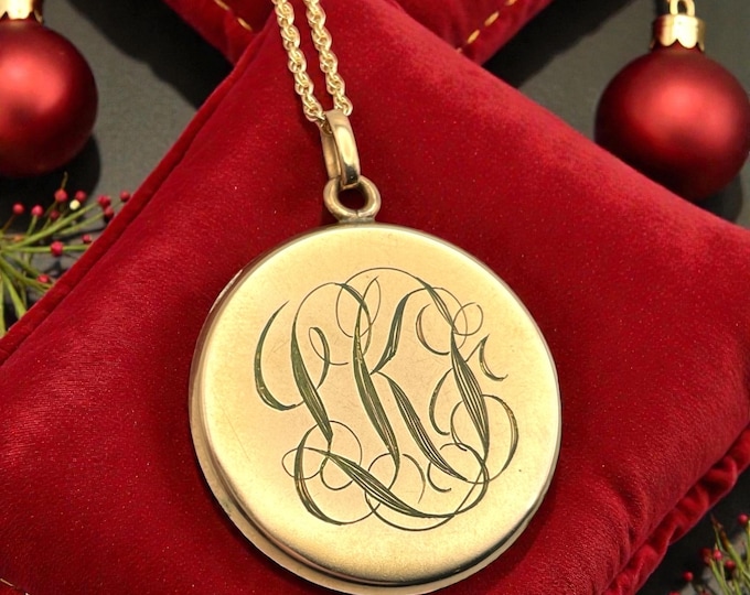Antique Gold Shell Locket Necklace: Monogrammed Photo Pendant Letters LKF, 14K GF Chain