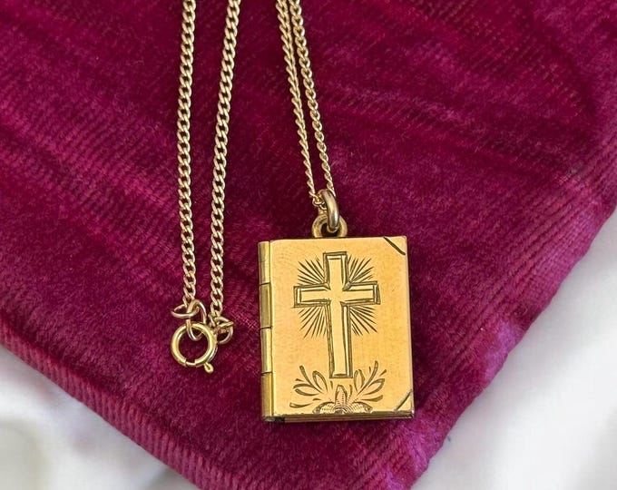 Vintage Gold Filled Book Locket w/ Cross on 12K GF Chain - LaMode Necklace Pendant Keepsake - 2 Photo Wells - Retro Estate Jewelry Christian