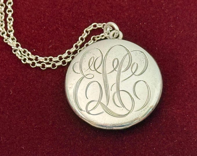 Vintage Round Sterling Silver Locket Necklace, ELC Monogram, 925 SS Chain