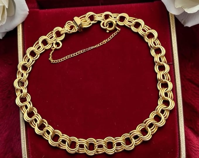 Vintage Gold Overlay Charm Bracelet – Triple Link Design Krementz MCM Era, Gold Bracelet, Statement Jewelry, Gift for Her, 7.75 inches long