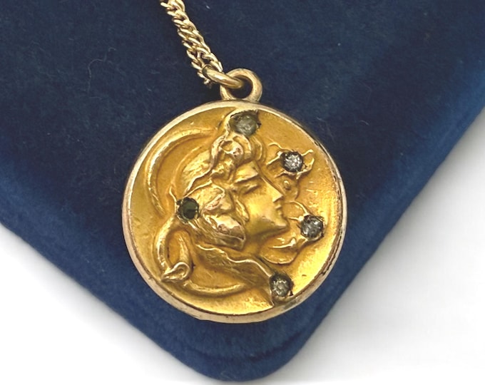 Antique Art Nouveau Locket on 14K Gold Filled Chain - Small Repousse Rhinestone 2 Photo Pendant - AEF Monogram - CQ&R Vintage Estate Jewelry