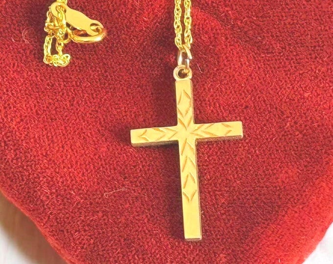 Vintage 12K Gold Filled Cross - Etched on 14K GF Chain Marathon Retro Era Dainty Religious Christian Pendant Necklace - Jewelry Gift for Her