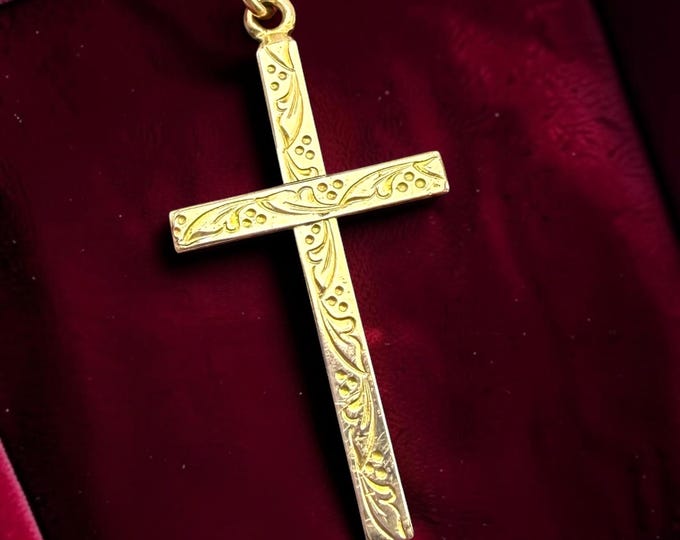 Vintage Etched 12K Gold Filled Cross Pendant Necklace - 1940s Religious Jewelry on 14K GF Chain, Christian Jesus Jewelry, Etched Leaves