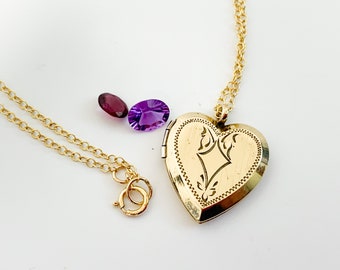 Vintage 12K Gold Filled  Etched Heart Locket Necklace - Retro Pendant A&Z Co - Sweetheart Pendant Charm Jewelry Photography on 14K GF Chain