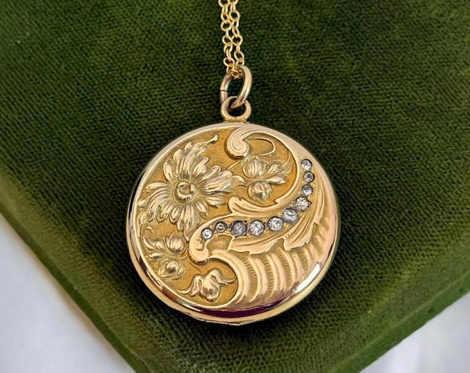 Antique Art Nouveau Locket Necklace: Floral 14K Gold Filled Pendant, W & SB, 1900s