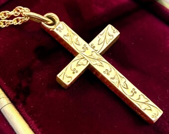 Vintage Etched 12K Gold Filled Cross Pendant Necklace - 1940s Religious Jewelry on 14K GF Chain, Christian Jesus Jewelry, Etched Leaves