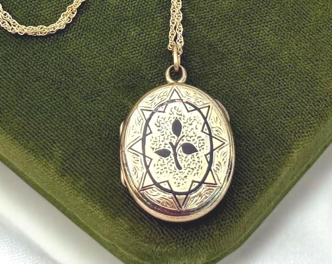 Victorian Oval Mourning Locket w/ Black Enamel: 14K Gold Filled Chain Antique Estate Jewelry