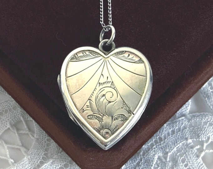 Vintage Sterling Silver Heart Locket Necklace - Etched Ornate, 2 Photo, Bliss Bros