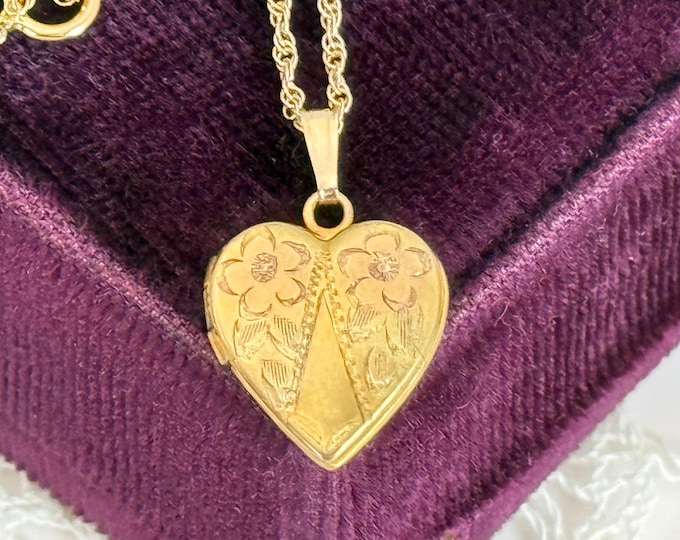 Vintage Floral Etched Heart Locket Necklace - 12K Gold Filled on 14K GF Chain