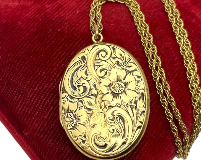 Vintage LARGE Gold Filled Oval Locket - Fisher 12K GF Flowers Necklace Pendant Circa 1940s Etched 2 Photo - JMF Co Hand Made Jewelry Gift