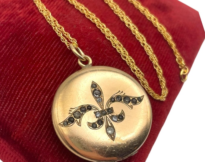 Antique Round Gold Filled Locket - Etched Rhinestones Fleur de lis W&H CO Hallmark "AB" Monogram Letters 14K GF Chain 1900 Estate Jewelry