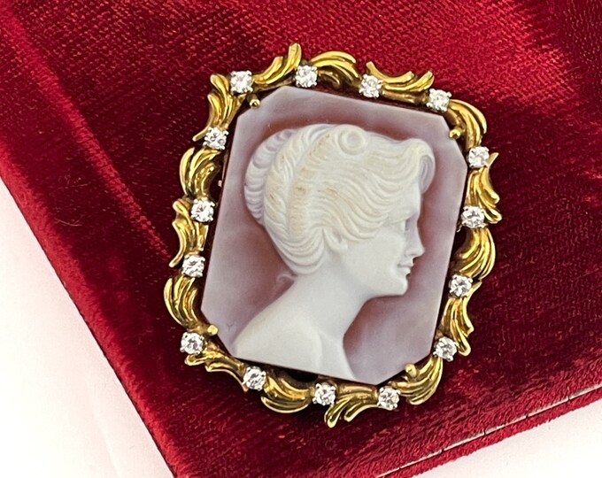 Vintage 18K Gold Cameo w/ Diamonds Converter Brooch & Pendant - Rectangle Shape - Fine Estate Jewelry