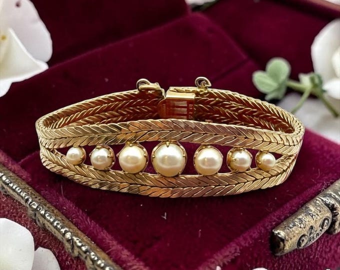 Vintage 12K Gold Filled Pearl Bracelet – Graduated Pearls Flat Herringbone Weaved Design Jewelry by Rhythm MCM Era 6.25”