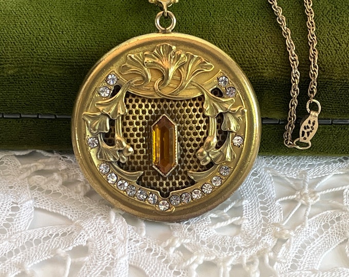 Antique Art Nouveau LARGE Round Gold Filled Photo Locket w/ Paste on 14K GF Chain - Pendant Necklace Engraved “INEZ” Vintage Estate Jewelry