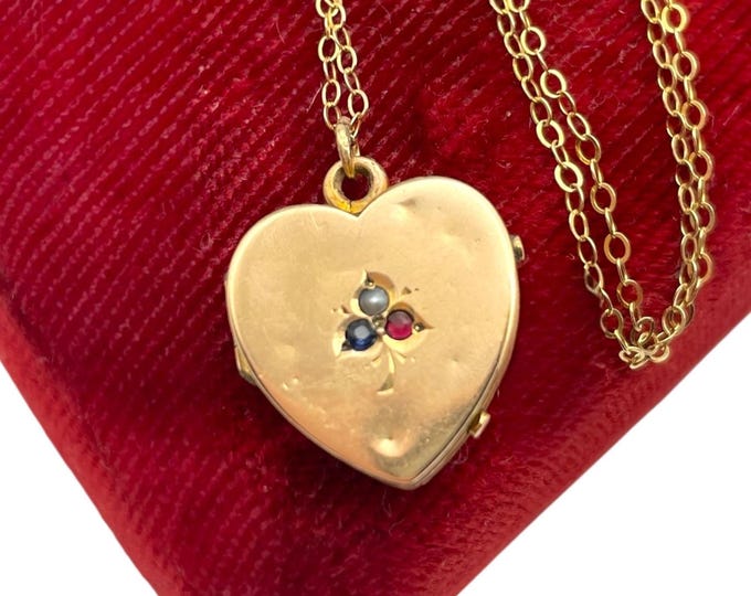 Antique Small Heart Locket - Red Blue Pearl Gemstones Flower - Monogram Letters JME Gold Filled Necklace Pendant Gift for Her 14K GF Chain