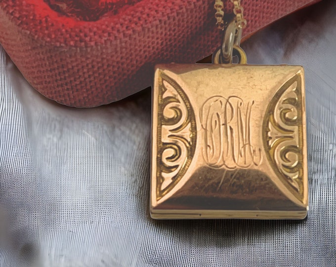 Antique Square Gold Filled Fob Locket Necklace Repousse Design w/ 2 Monograms & 2 Photo Wells on 14K GF Chain - Vintage Estate Jewelry