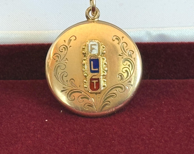 Vintage Gold Filled Etched Pendant Necklace, Red White Blue Enamel FLT Initials