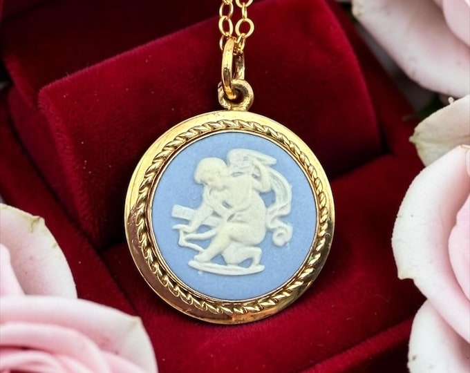 Vintage Wedgwood Pendant Necklace - 12K Gold Filled Cherub Cameo Cupid England Blue Jasperware VD S 67 by Van Dell on 14K GF Chain