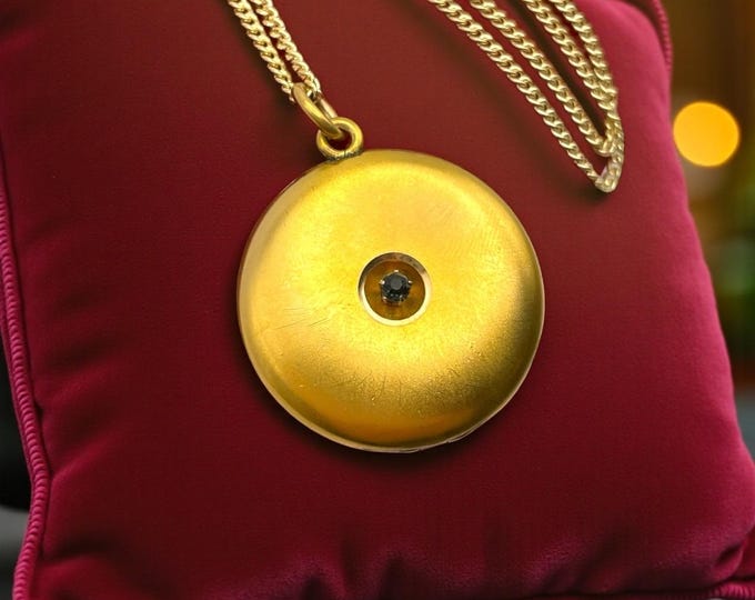 Antique Gold Filled Locket Necklace – Blue Rhinestone, W&H CO, 1900s