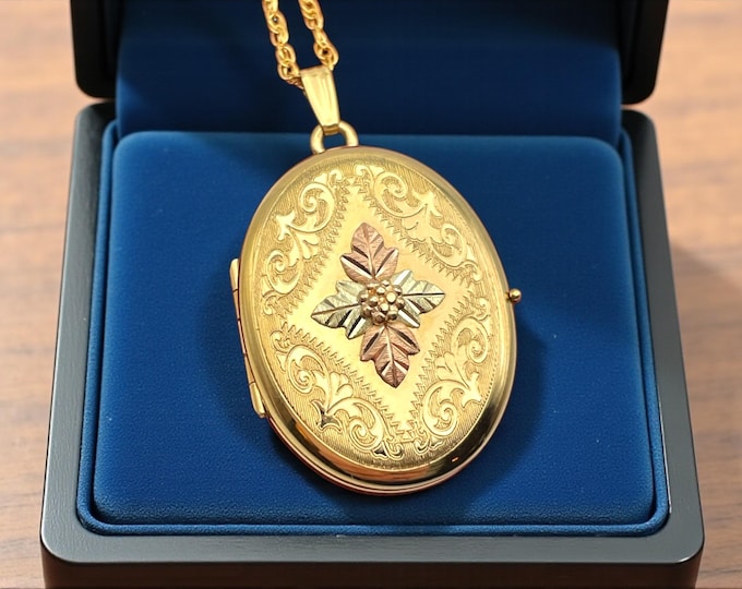 Vintage 14K Gold Filled 4 Photo Locket Necklace - Retro CCO Coleman Co. Black Hills Gold Floral Pendant Charm - Jewelry Flower Photography