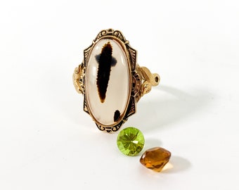 Vintage Agate 10K Gold Filled Ring - White & Brown stone w/ Ornate Band - Hallmark Oval Polished Stone w/ Leaf in Setting Vtg Retro Jewelry
