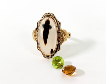 Vintage Agate 10K Gold Filled Ring: Ornate Leaf Band, Size 4.25