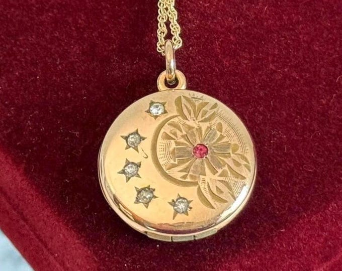 Antique Gold Filled Locket Necklace: Etched Floral W/ Paste Gems “Little Beatrice", Art Nouveau