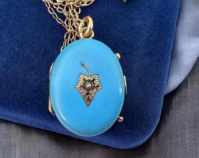 Antique Gold Filled Oval Locket - Blue Enamel & Seed Pearl in Leaf - Victorian Necklace on 14K GF Chain - ca 1900s Mourning - Estate Jewelry