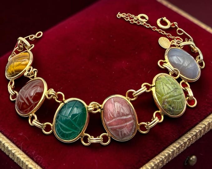 Genuine Vintage 12K Gold Filled Scarab Bracelet: Double Links Mid Century Egyptian Revival Jewelry, Carved Gemstone Multicolor by AC Co.