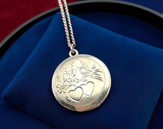 Vintage LeStage Sterling Silver Locket Necklace – Etched Lovebird, Hearts, Flowers