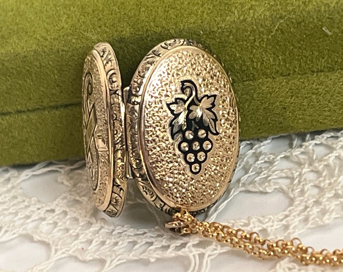 Victorian Oval Mourning Gold Filled Locket w/ Grapes & Black Enamel Taille d’epargene w/ EJW Monogram Necklace 14K GF Chain - Estate Jewelry