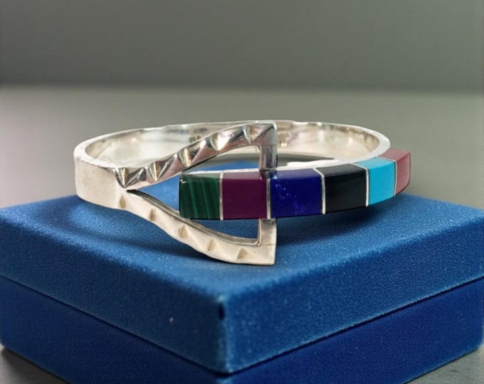 Vintage Sterling Silver Inlaid Stone Bracelet: Hinged Buckle Bangle, Mexico City