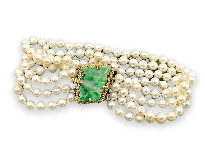 Vintage Pearl & Carved Jade Bracelet - 4 Strand Statement w/ Gemstone Clasp - Retro Floral Flower Design 7" Long - Wedding Estate Jewelry