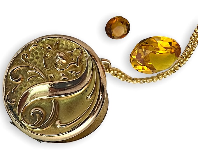 Antique Art Nouveau Gold Filled Locket - Round 2 Photo Pendant Necklace on 14K GF Rolo Chain - CQ&R Hallmark - Ornate Chased Floral Flower