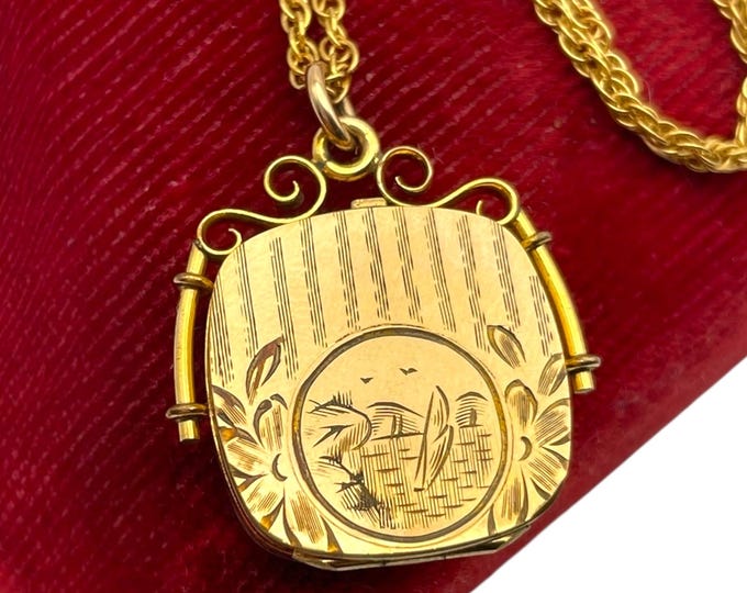 Antique Square Gold Filled Fob Locket - W&H Co Hallmark Photo 12K GF Chain - Estate Jewelry Etched Water Scene Sailboat Necklace Early 1900s