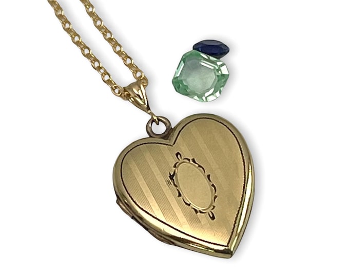 Vintage Gold Filled Etched Heart Locket Necklace - Floral w/ 2 Photo Compartments  - Retro Art Deco Style Pendant Necklace