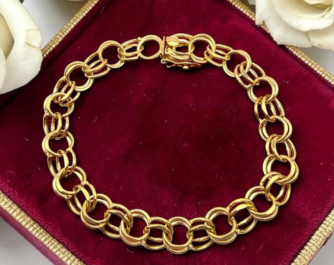 Vintage 12K Gold Filled Charm Bracelet – Heavy Double Link MCM Era, Gold Bracelet, Statement Jewelry, Gift for Her, 7.5 inches long